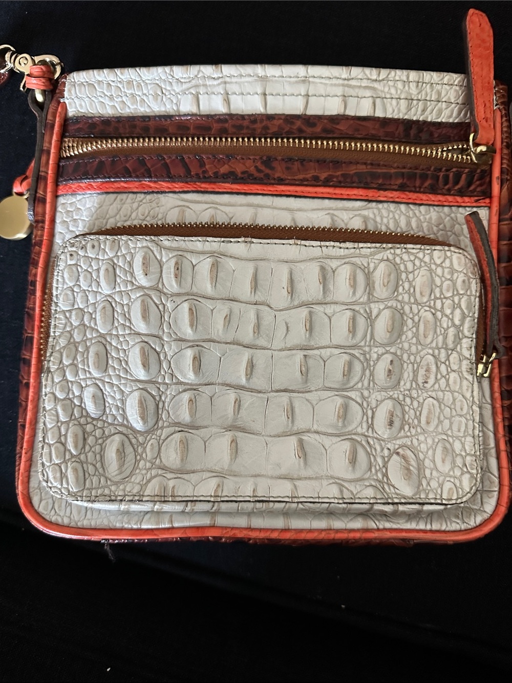 Brahmin Croc-Embossed Crossbody with Coral/Orange Trim